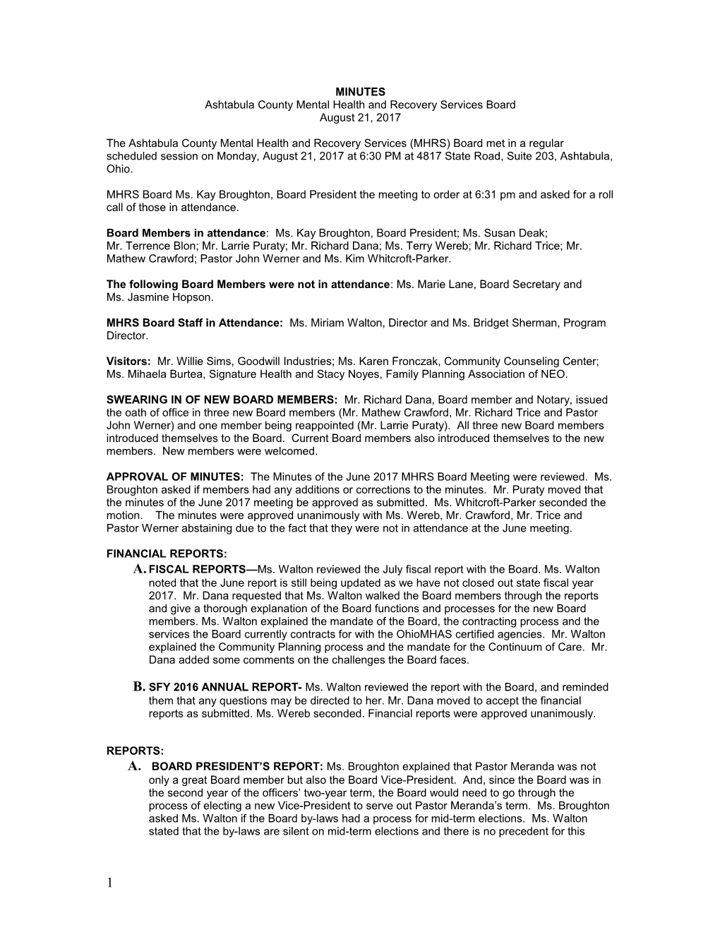MHRS Board Minutes October 17 2007
