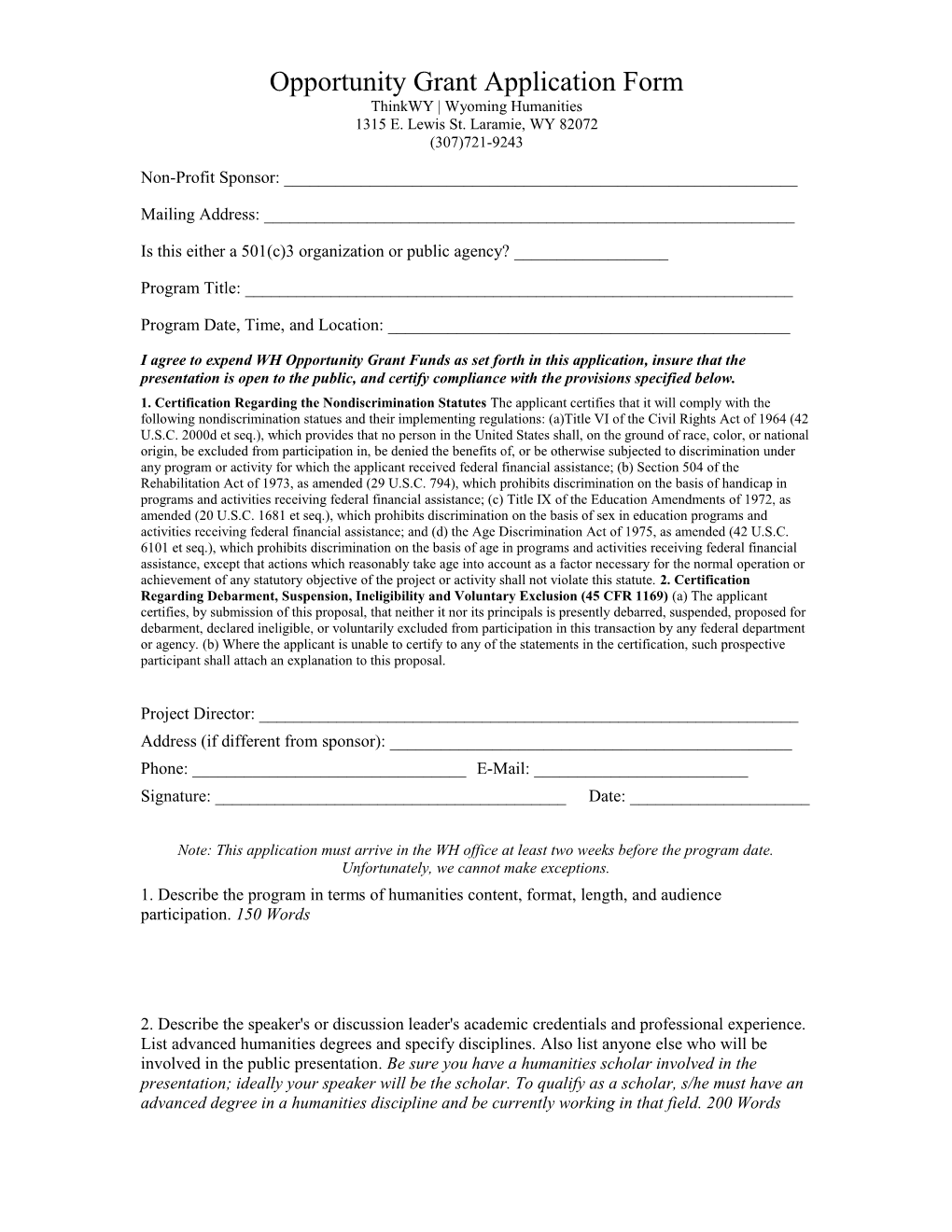 Opportunity Grant Application Form