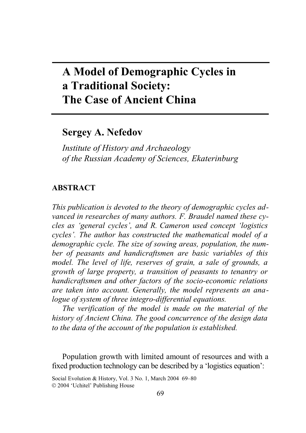Nefedov / Model of Demographic Cycles in a Traditional Society