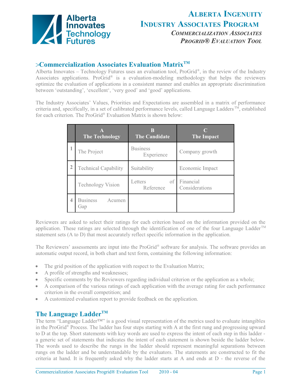 Progrid Performance Criteria Matrix