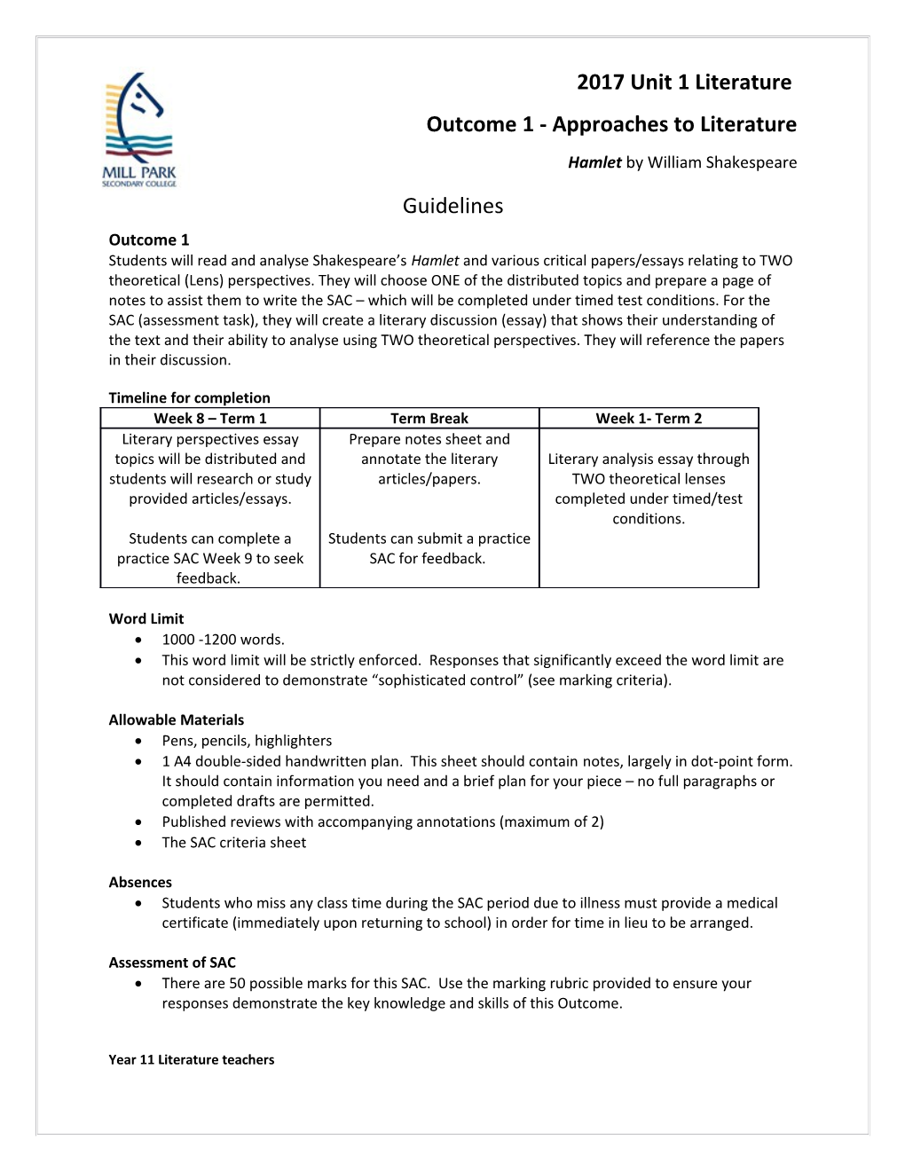 Outcome 1- Approaches to Literature