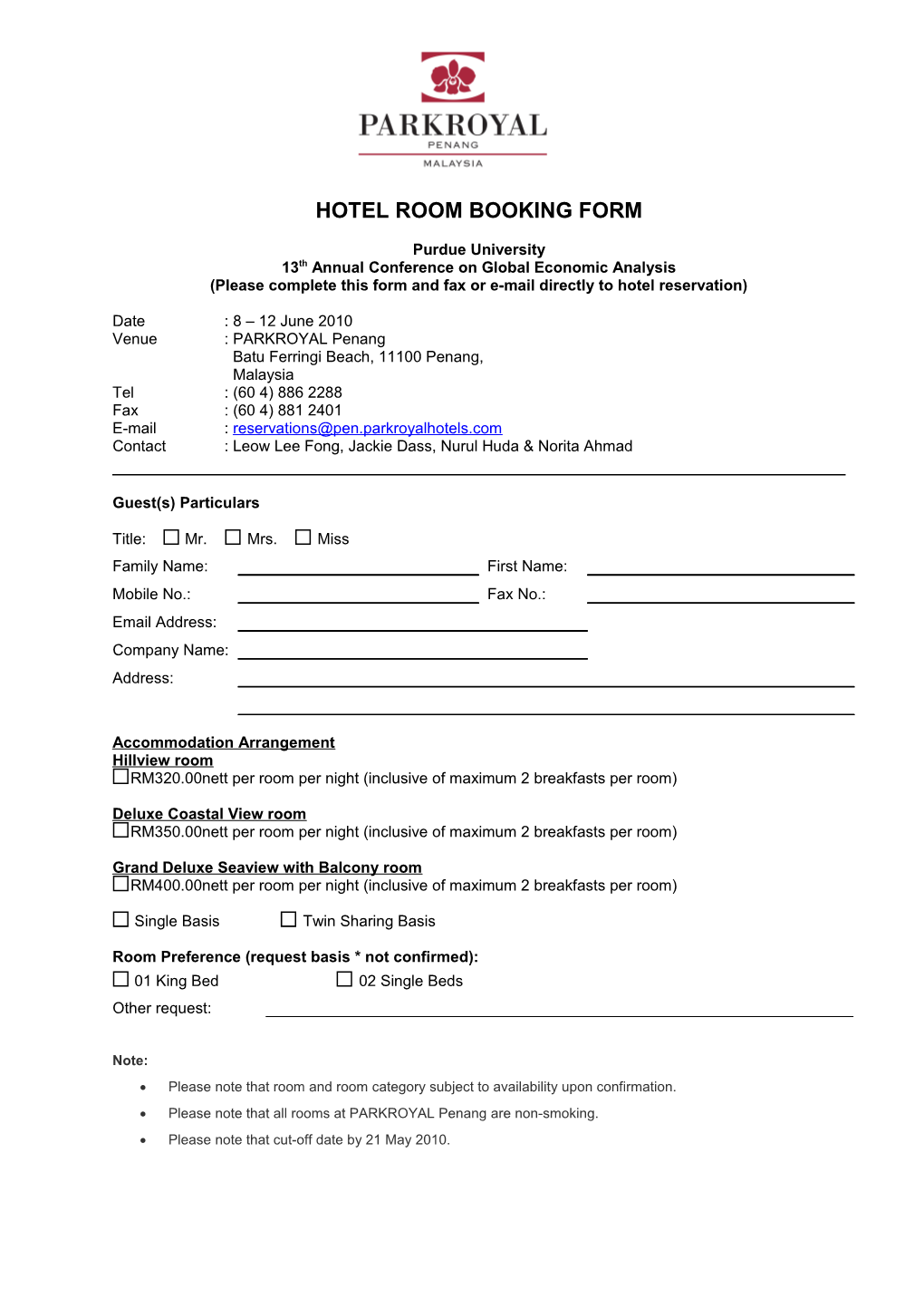 Hotel Room Booking Form