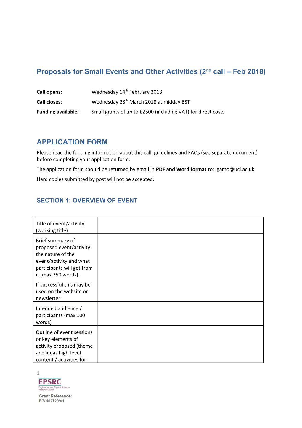 Proposals for Small Events and Other Activities (2Nd Call Feb 2018)