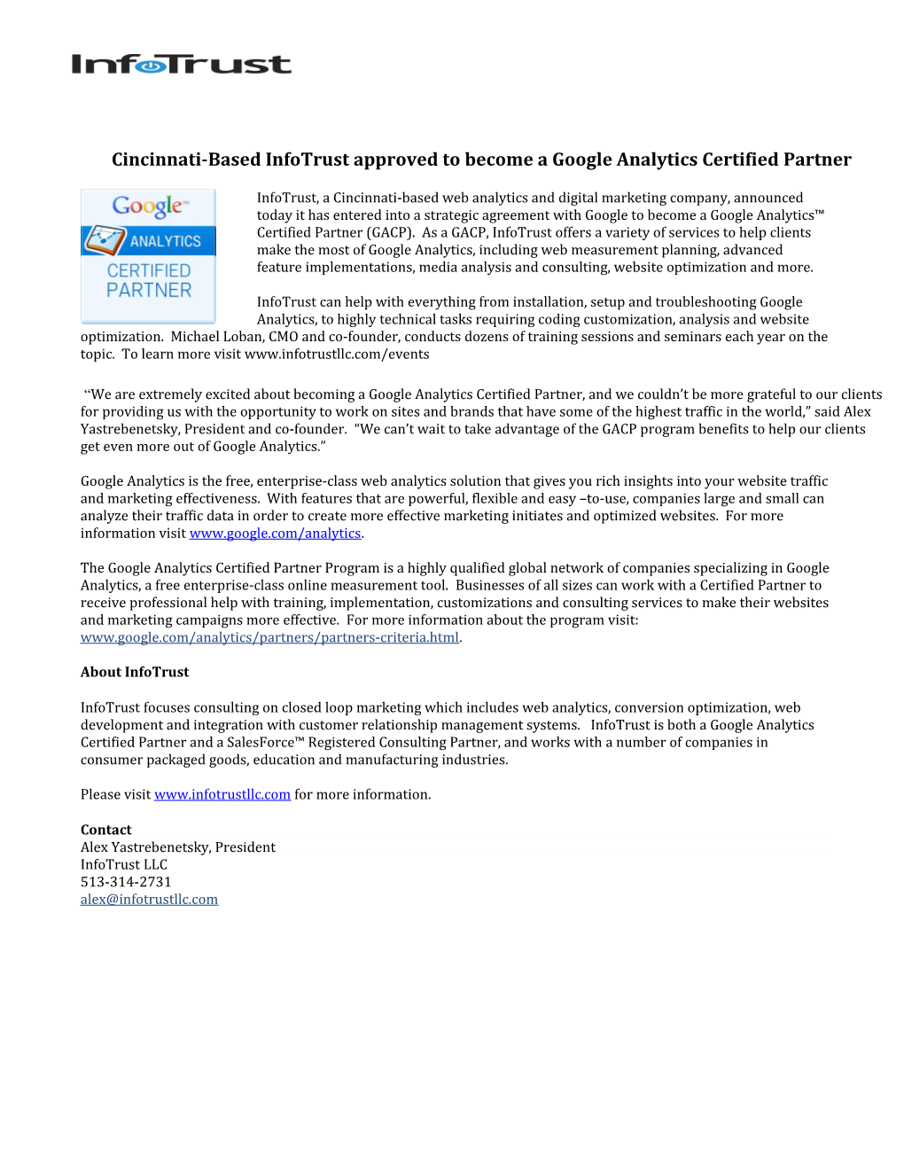 Cincinnati-Based Infotrust Approved to Become a Google Analytics Certified Partner