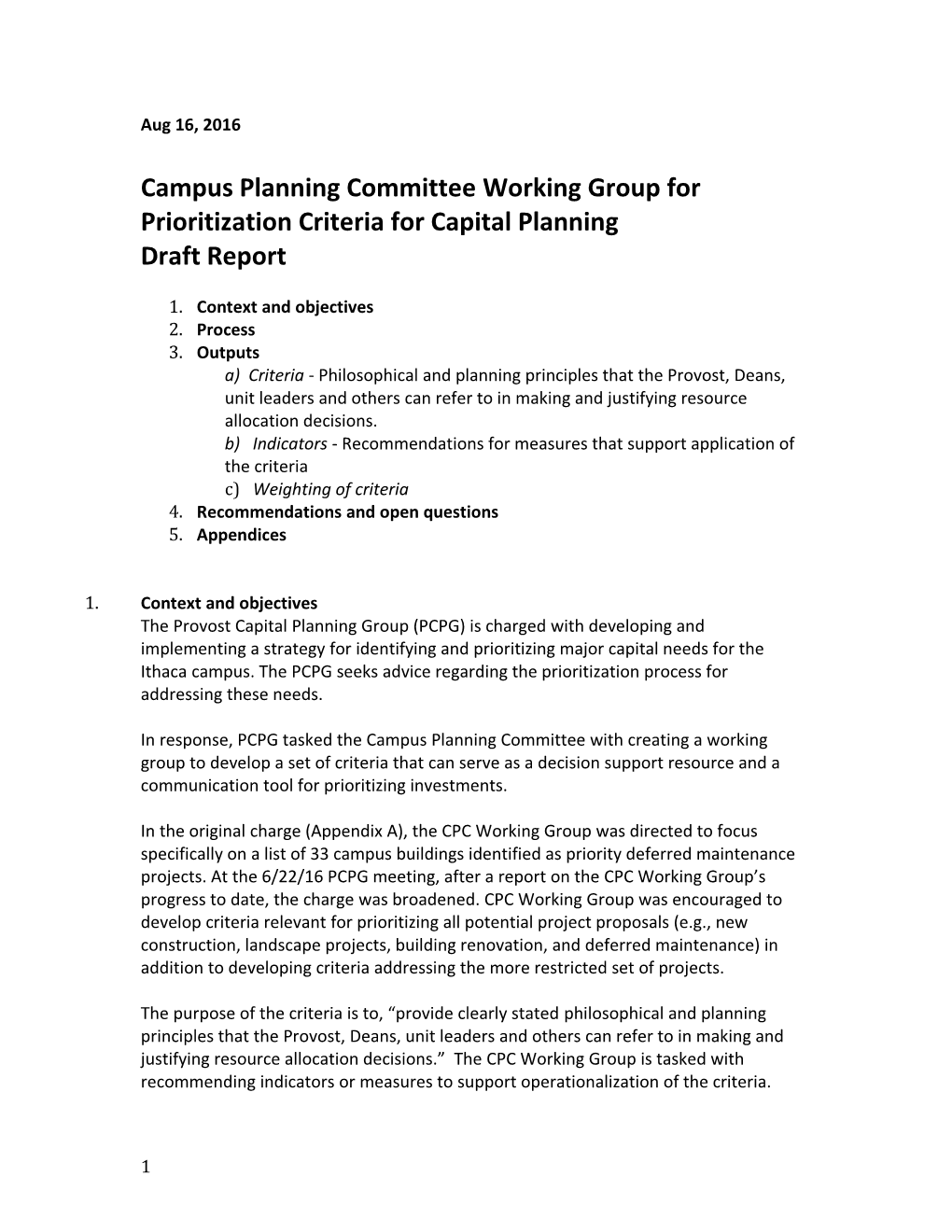 Campus Planning Committee Working Group for Prioritization Criteria for Capital Planning