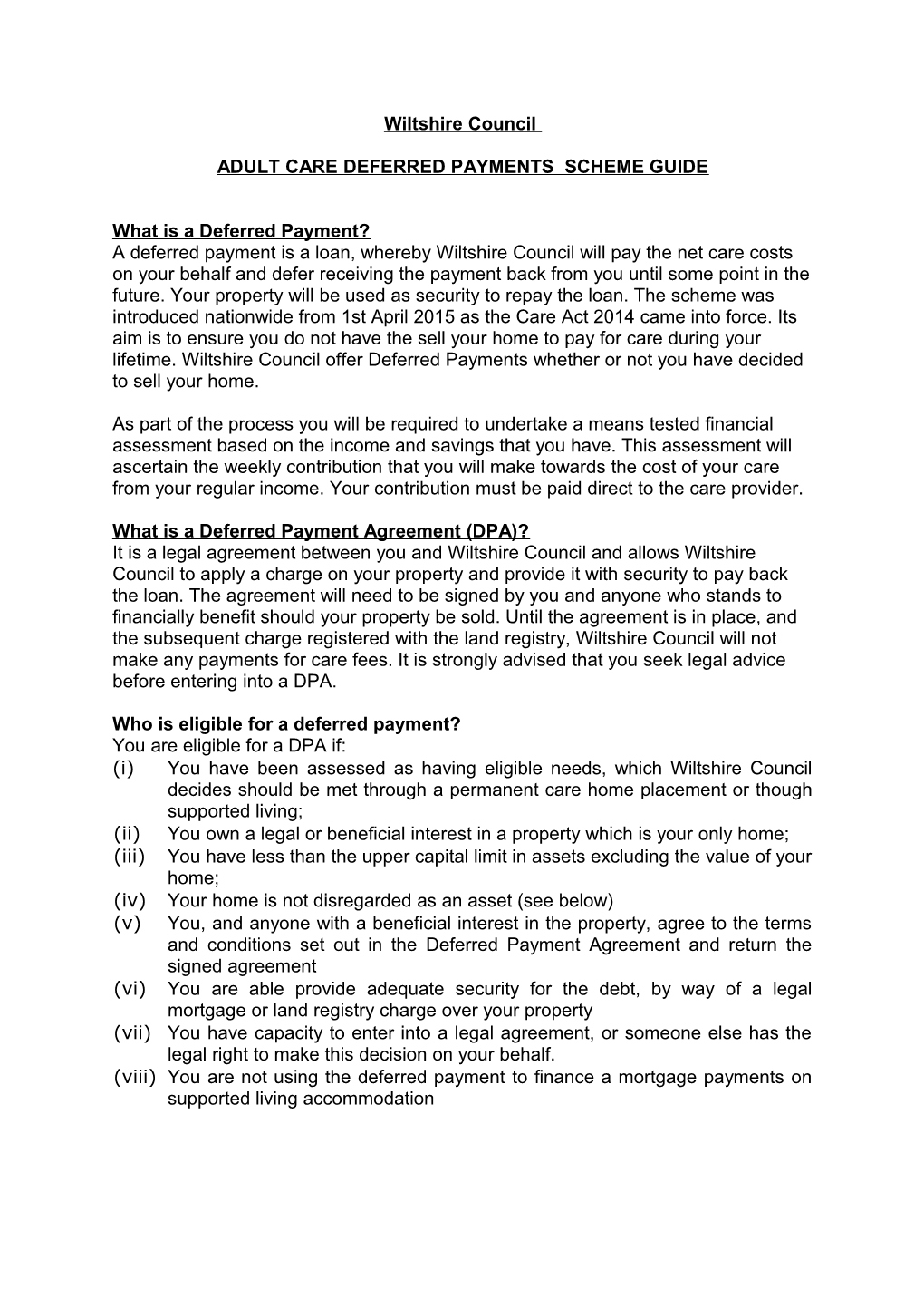 Adult Care Deferred Payments Scheme Guide