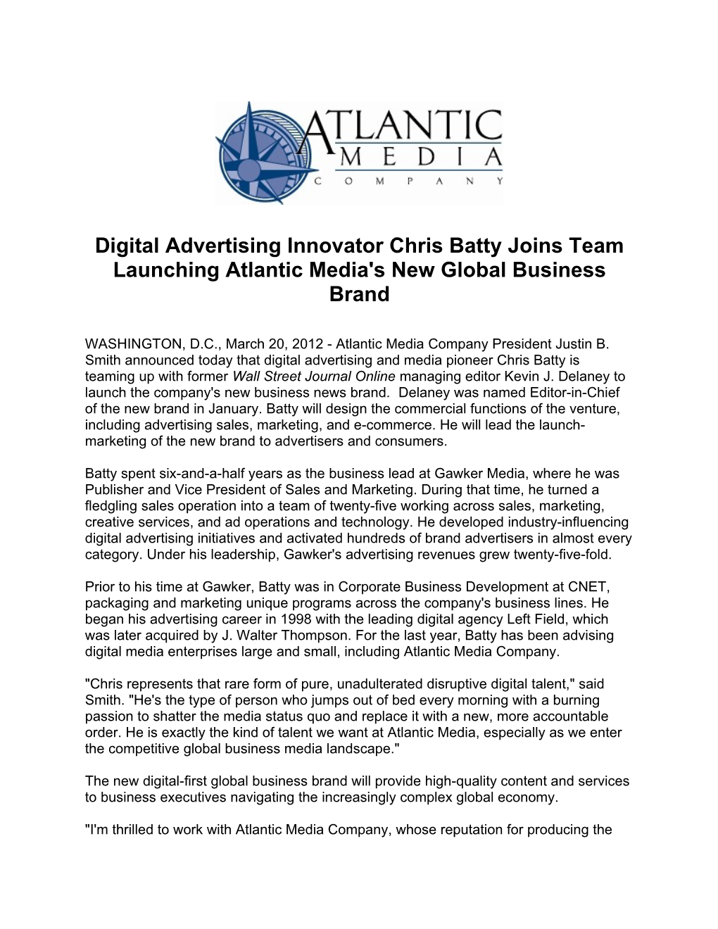Digital Advertising Innovator Chris Batty Joins Team Launching Atlantic Media's New Global