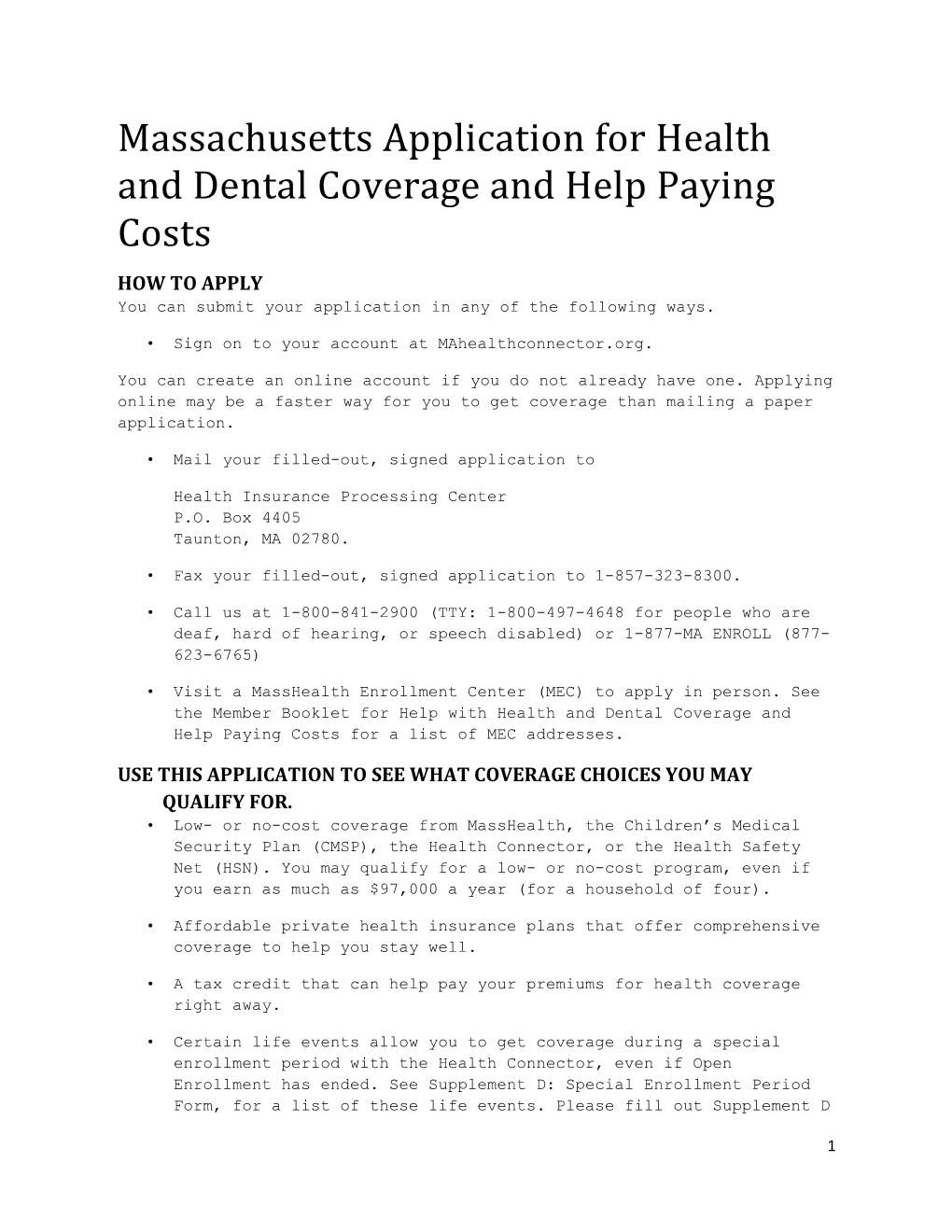 Massachusetts Application for Health and Dental Coverage and Help Paying Costs