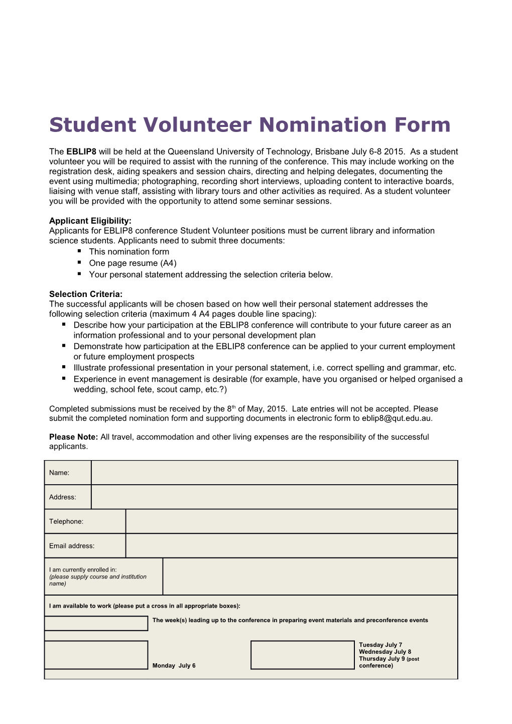 Student Volunteer Nomination Form