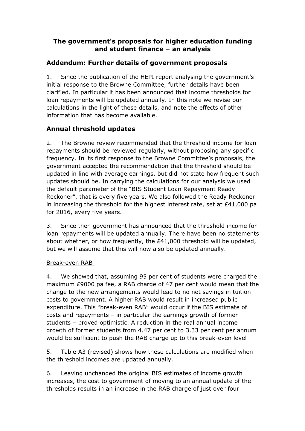 The Government's Proposals for Higher Education Funding and Student Finance an Analysis