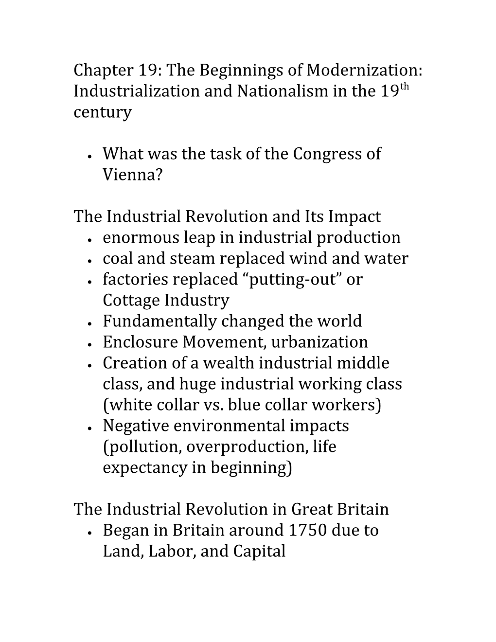 Chapter 19: the Beginnings of Modernization: Industrialization and Nationalism in the 19Th