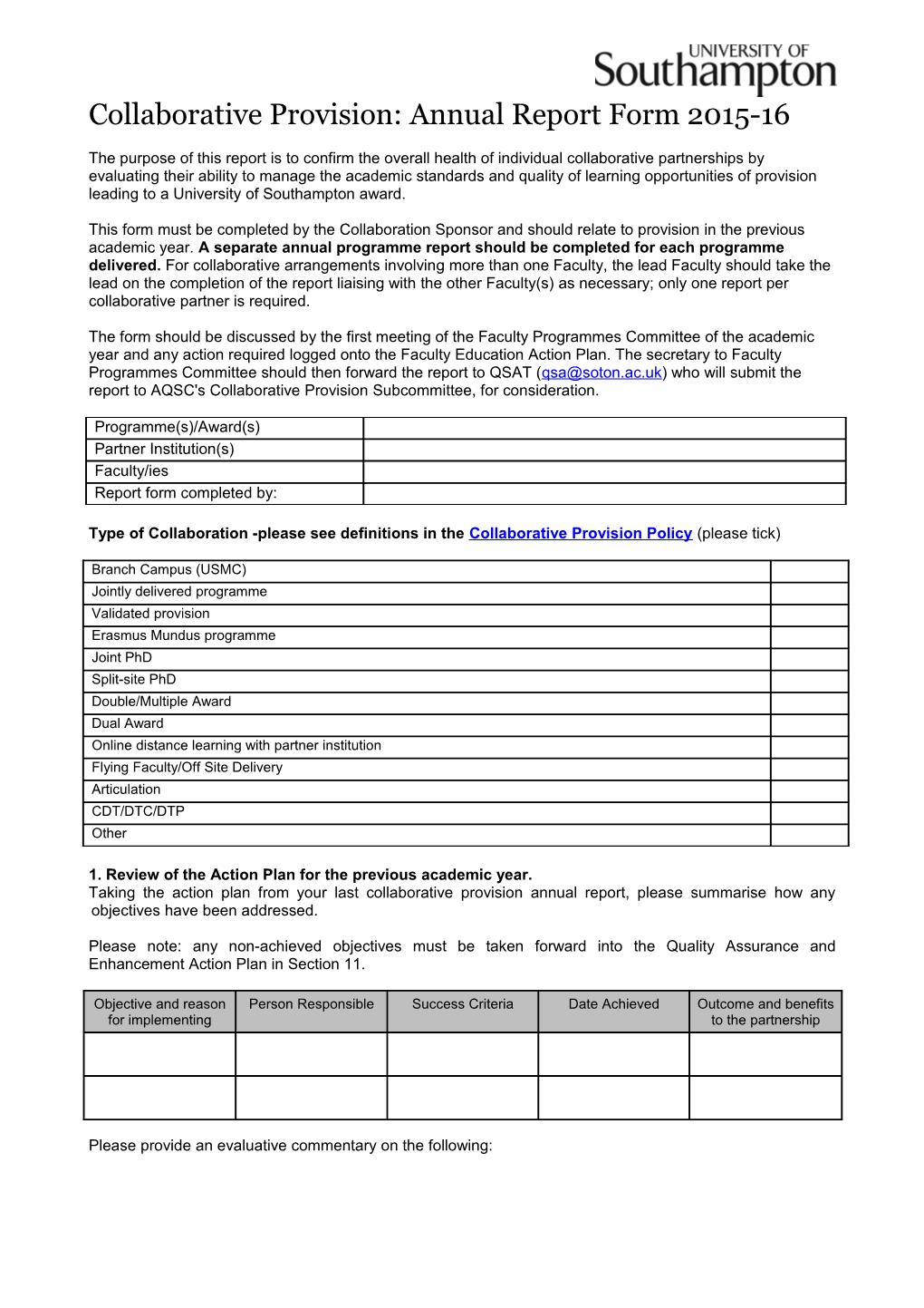 1. Review of the Action Plan for the Previous Academic Year