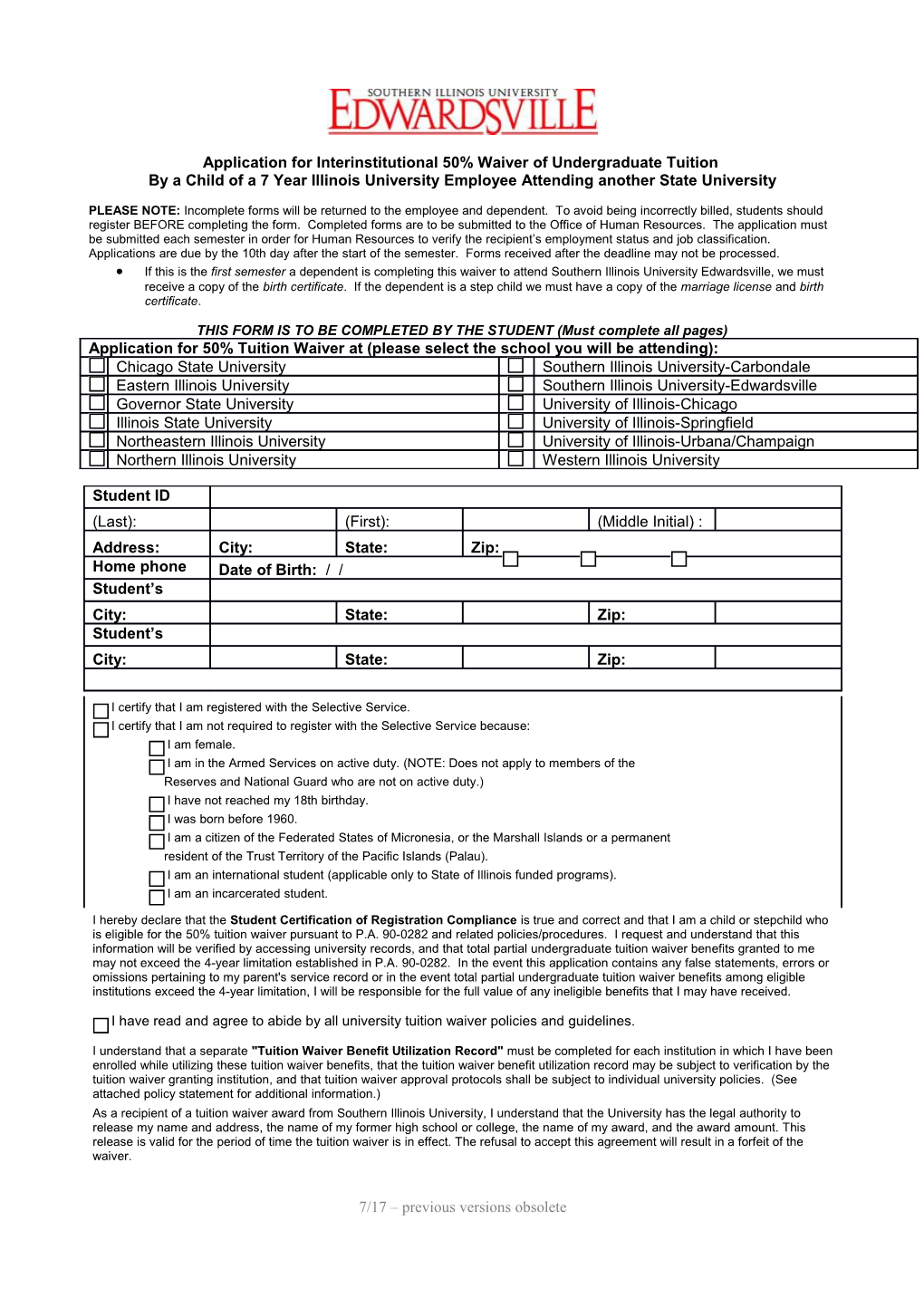 Application for 50% Waiver of Undergraduate Tuition