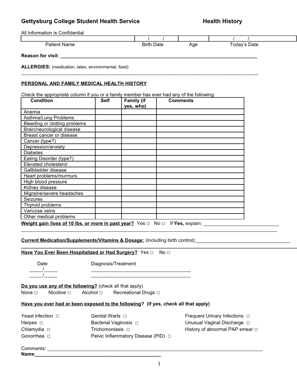 Gettysburg College Student Health Service Health History