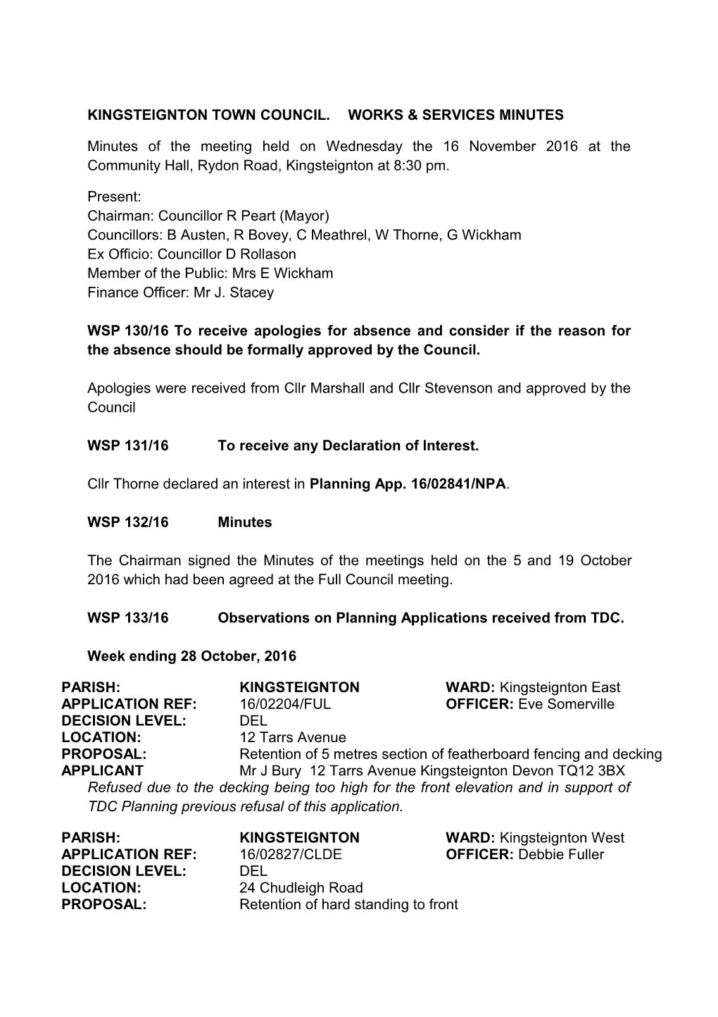Kingsteignton Town Council. Works & Services Minutes