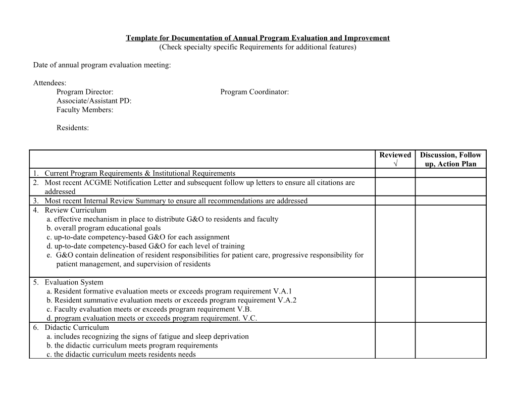 Template for Documentation of Annual Program Evaluation
