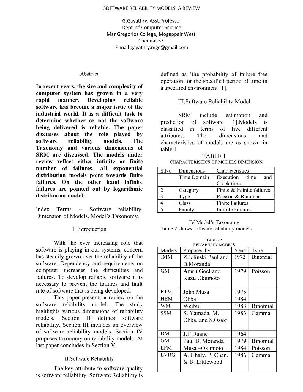 Software Reliability Models: a Review