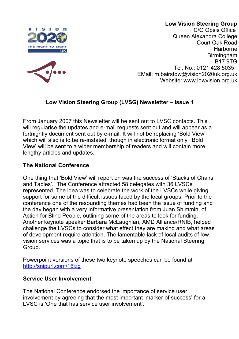 Low Vision Steering Group (LVSG) Newsletter Issue 1