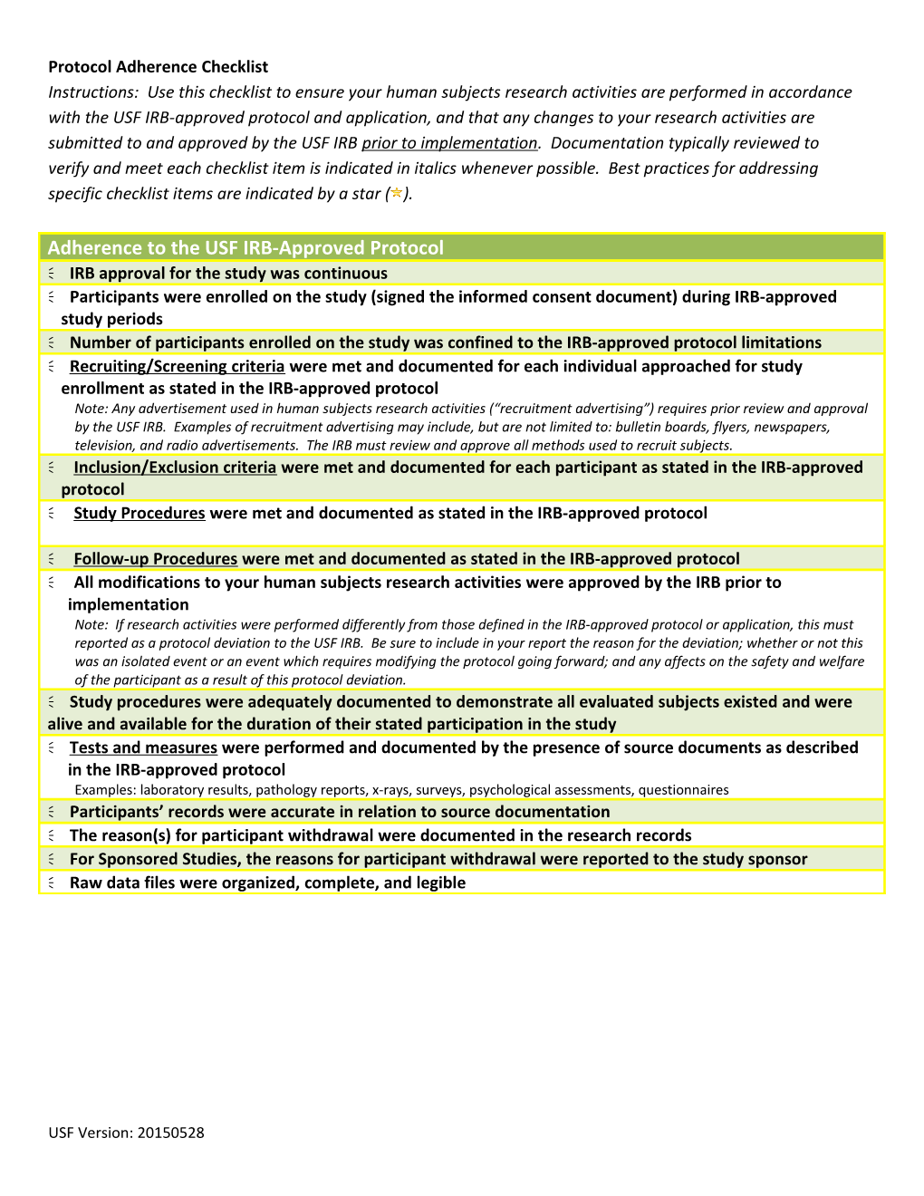 Protocol Adherence Checklist