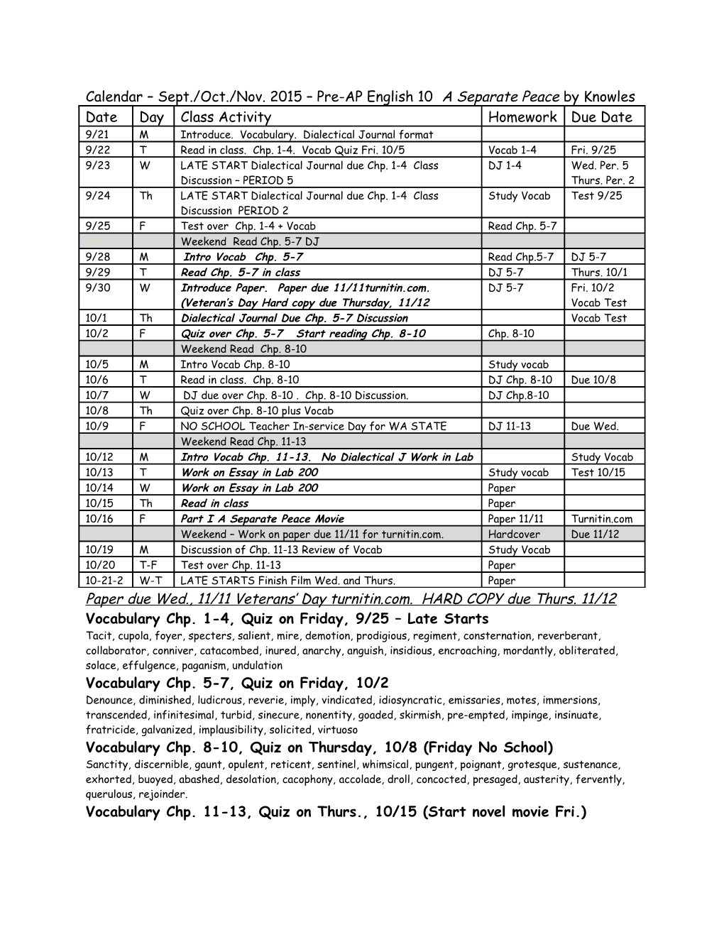 Calendar October 2009 Pre-AP English 10 a Separate Peace