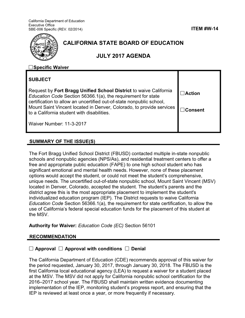 July 2017 Waiver Item W-14 - Meeting Agendas (CA State Board of Education)