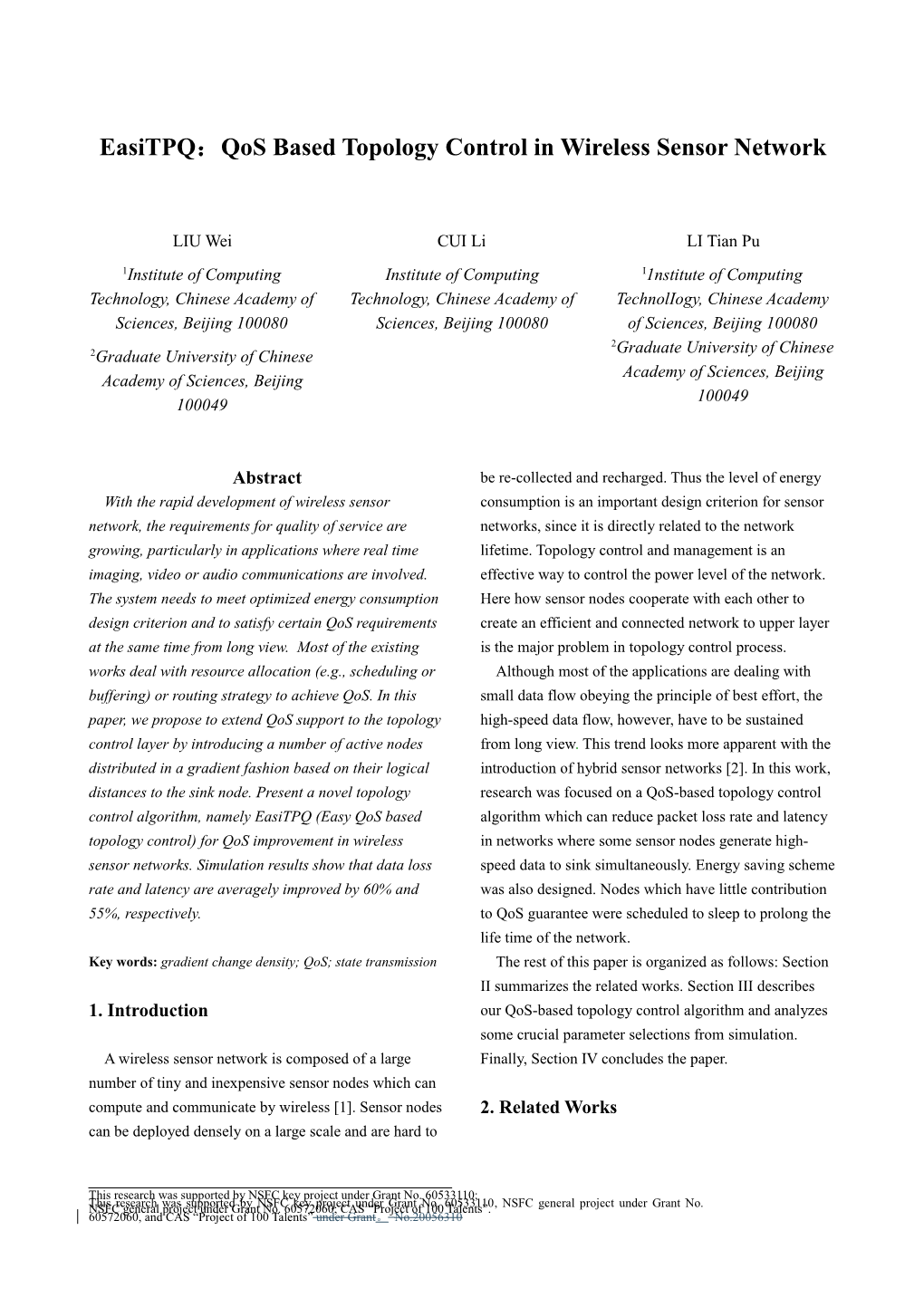 Easitpq Qos Basedtopology Control in Wireless Sensor Network