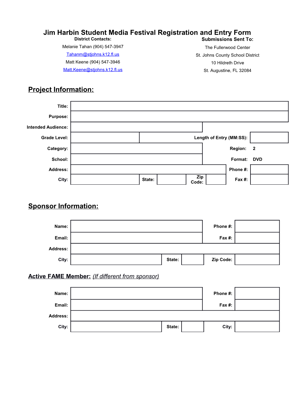 Jim Harbin Student Media Festival Registration and Entry Form
