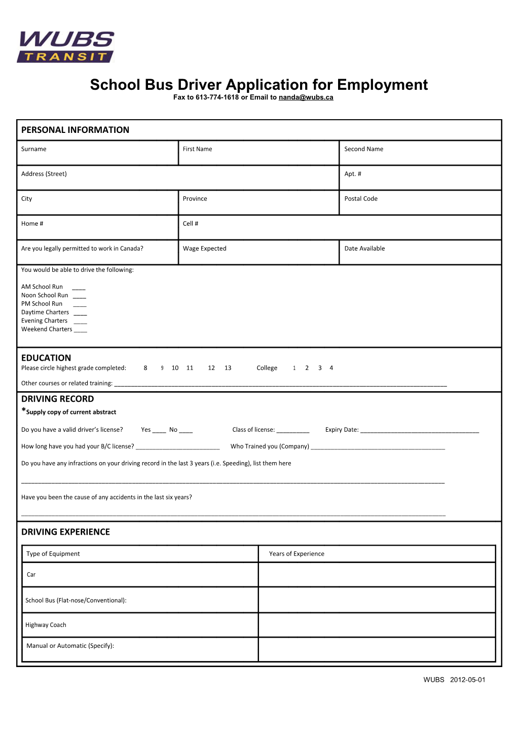 School Bus Driver Application for Employment