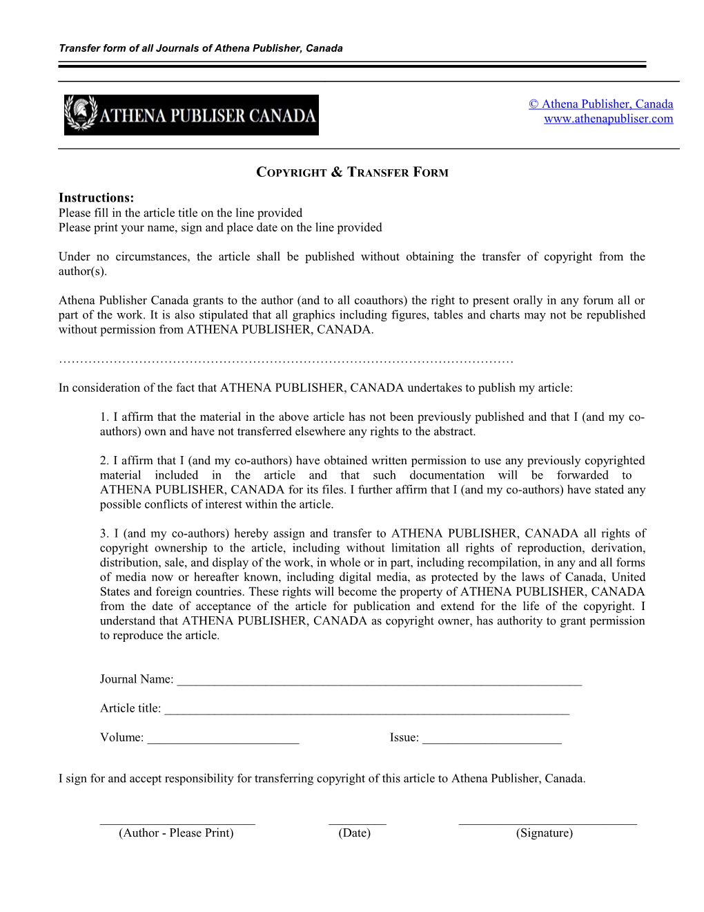 Transfer Form of All Journals of Athena Publisher, Canada