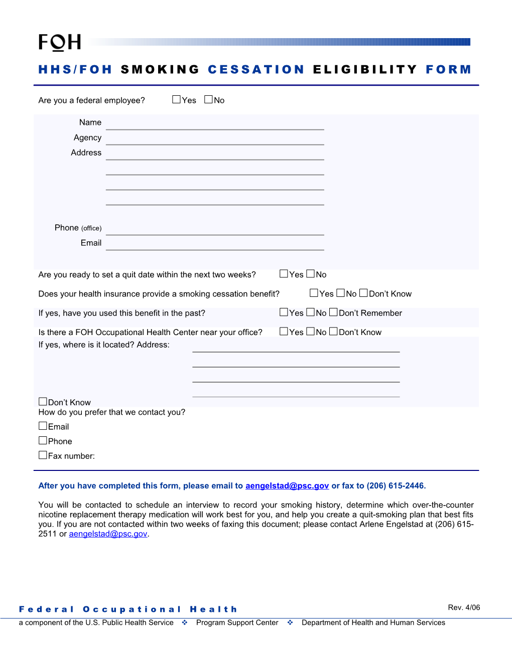 Foh Smoking Cessation Intake Form