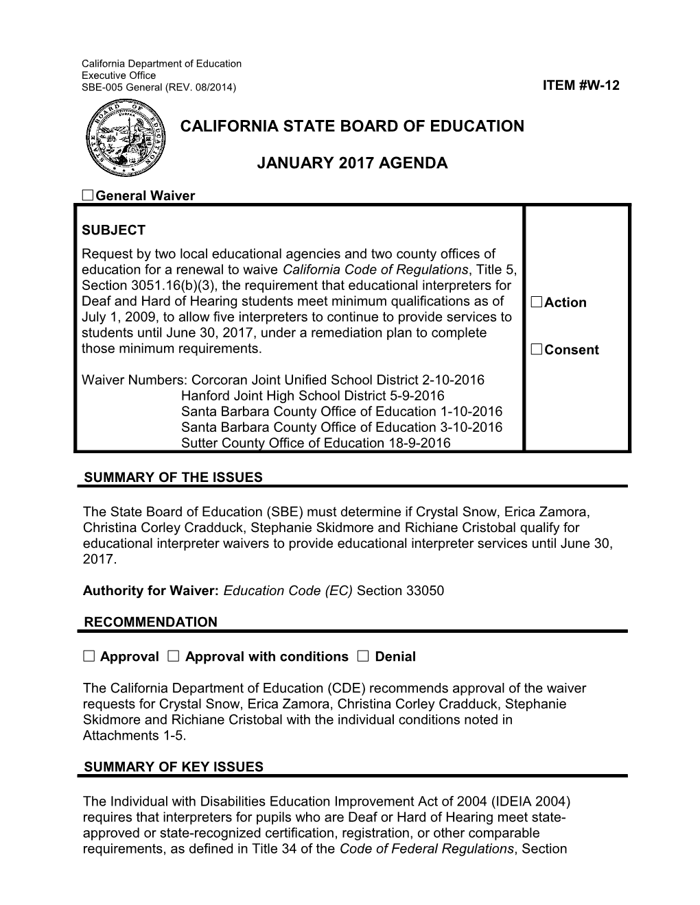 January 2017 Waiver Item W-12 - Meeting Agendas (CA State Board of Education)