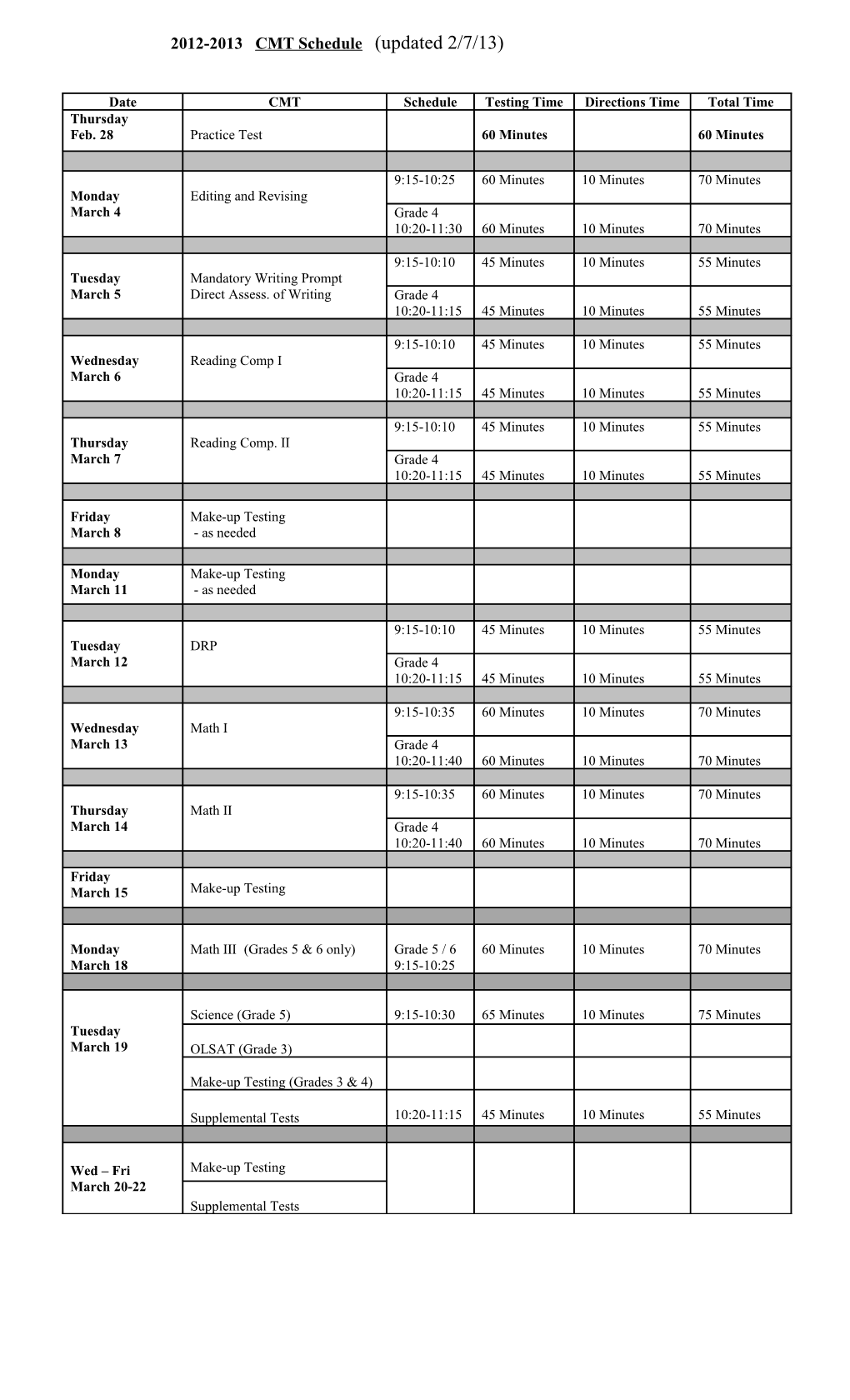 2012-2013 CMT Schedule (Updated 2/7/13)