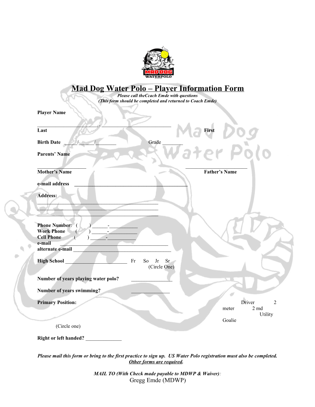 Mad Dog Water Polo Registration Form