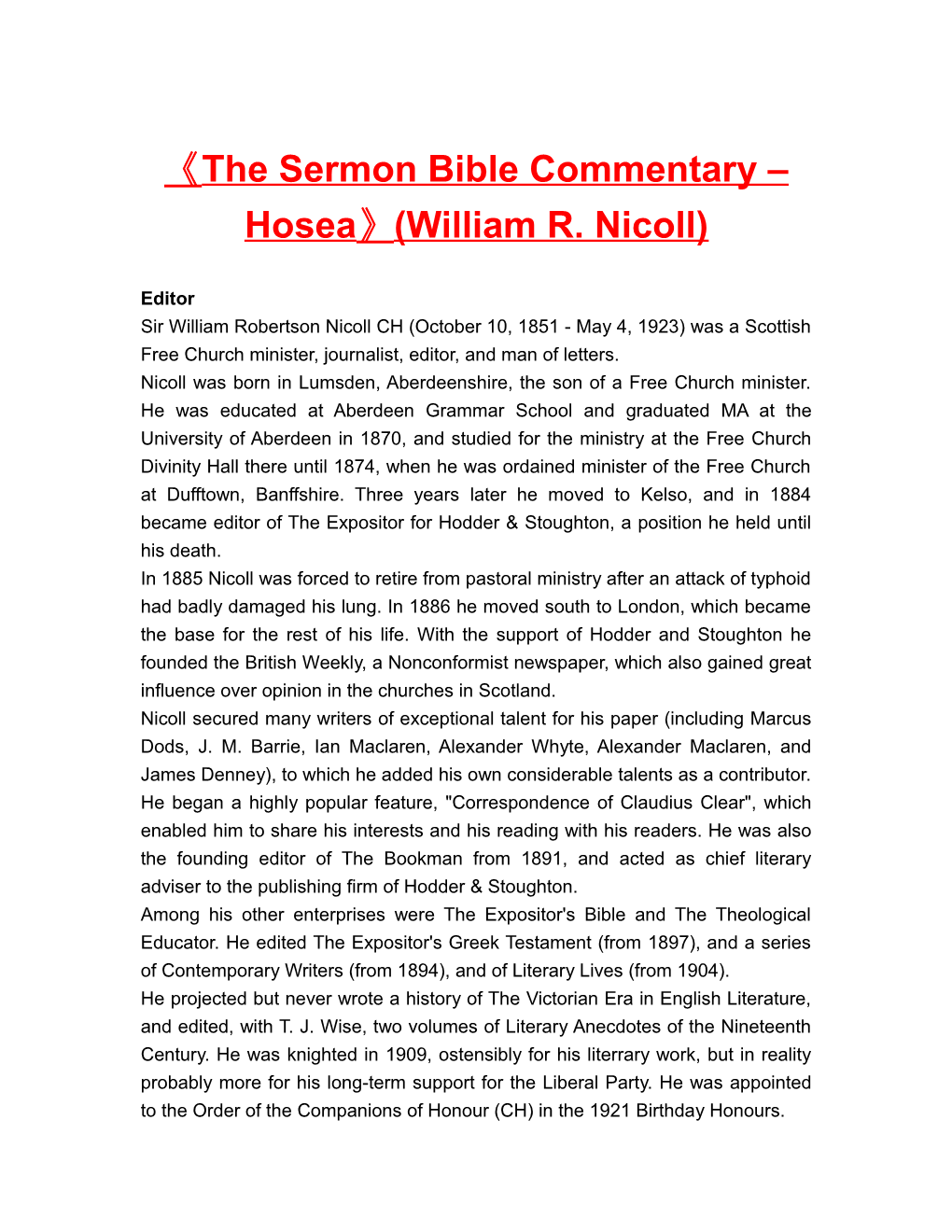 The Sermon Bible Commentary Hosea (William R. Nicoll)