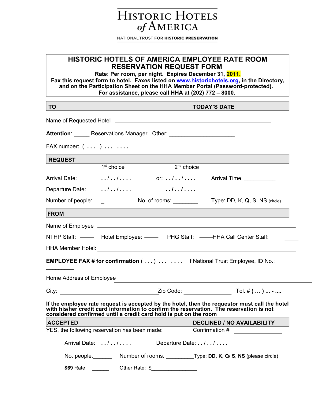 Historic Hotels of America Employee Rate Room Reservation Request Form