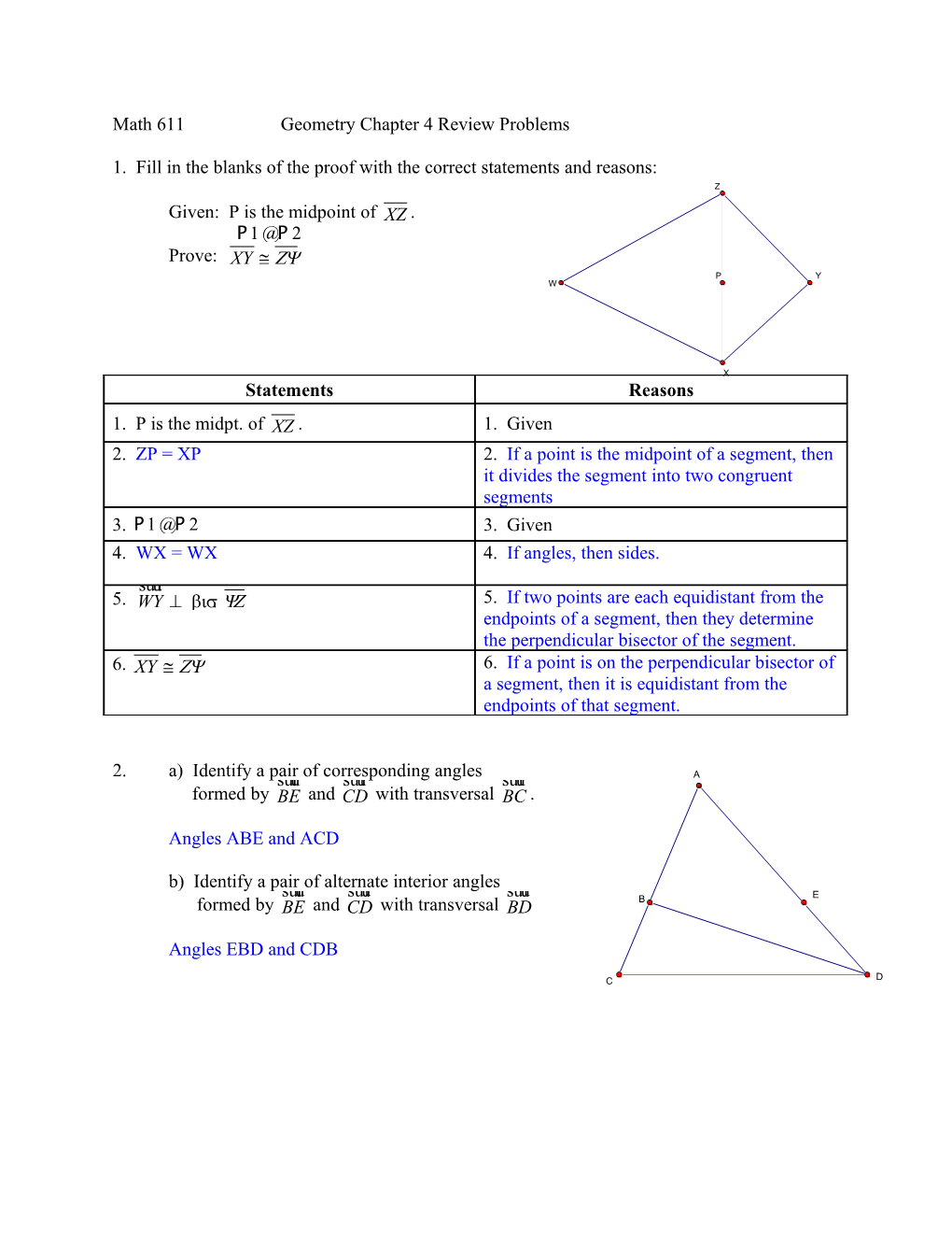 Math 611 Geometry Chapter 4 Review Problems