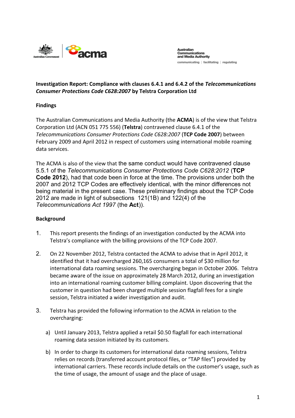 Telstra - ACMA TCP Code 2007 Investigation Report