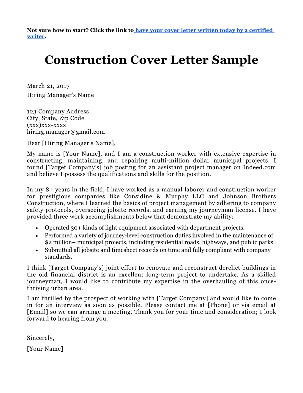 Construction Cover Letter Sample
