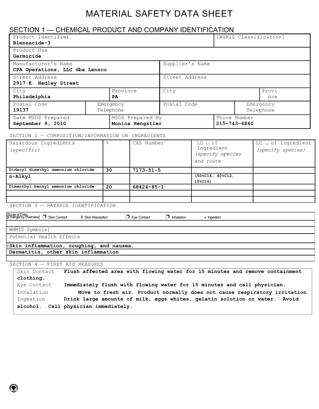 Material Safety Data Sheet s50