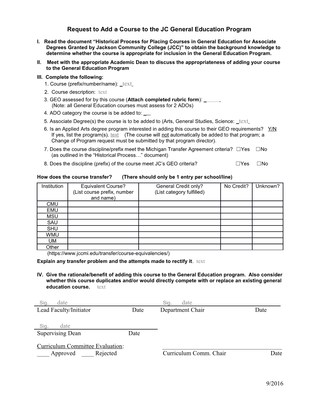 Process for Adding Courses to General Education for Associate Degrees Granted by Jackson