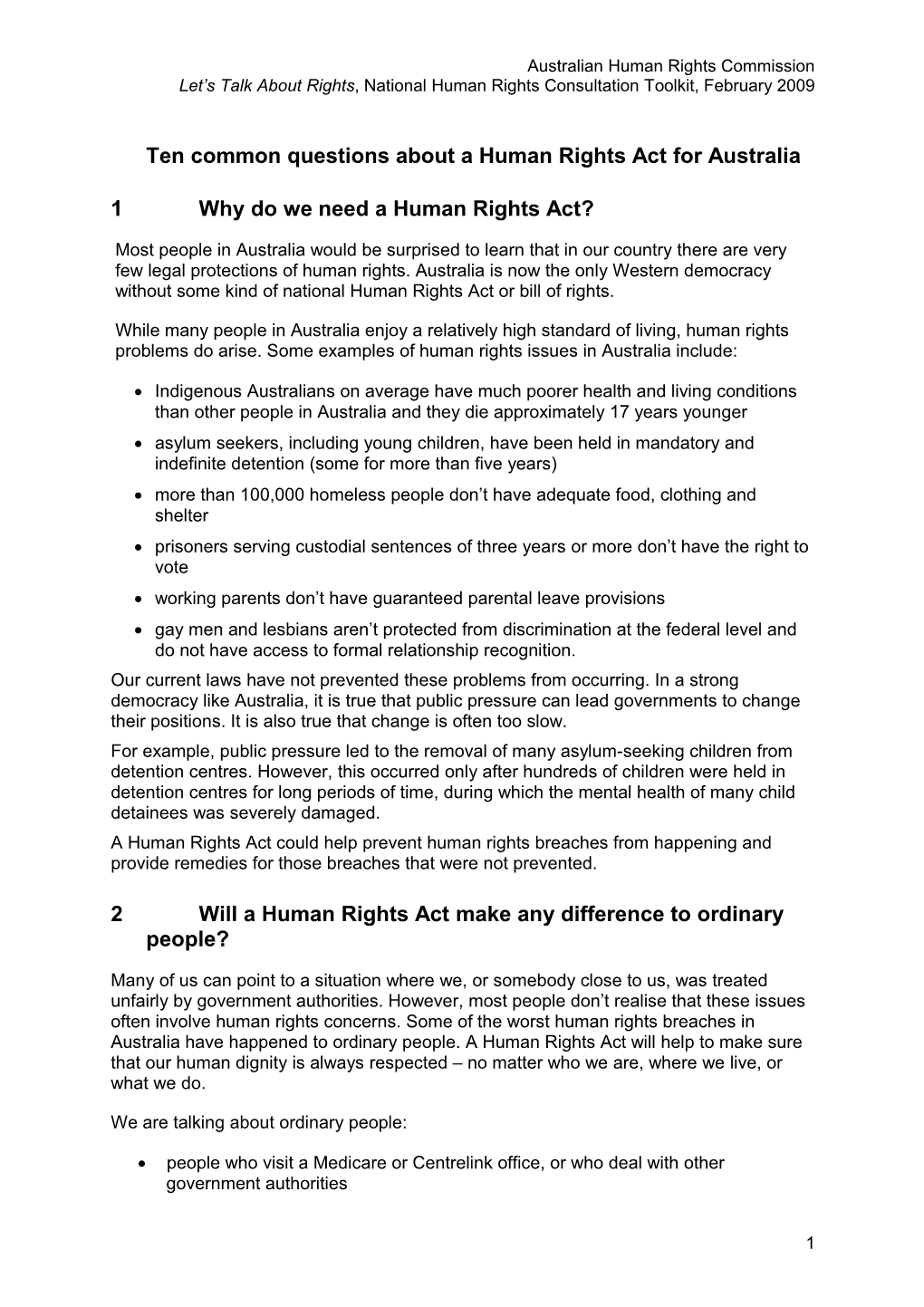 Ten Common Questions About a Human Rights Act for Australia