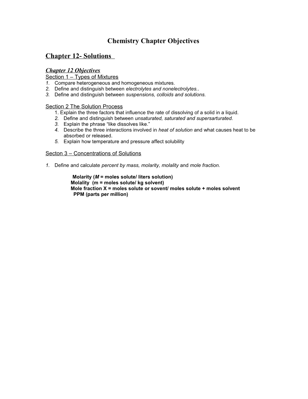 Chemistry Chapter Objectives & Assignment Sheet