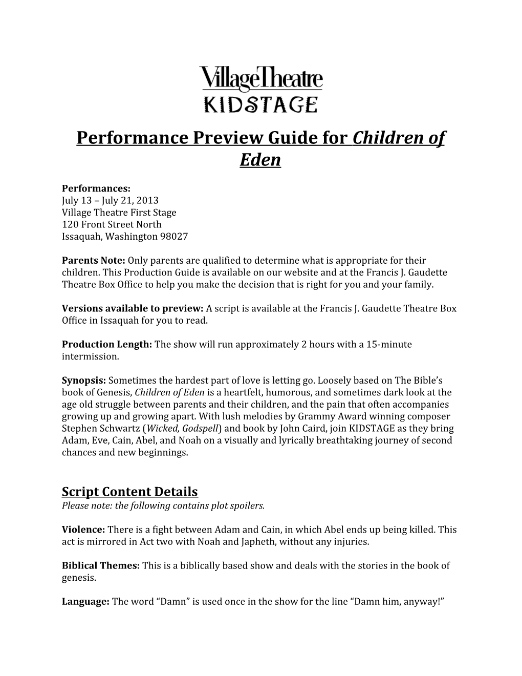 Performance Preview Guide for Children of Eden