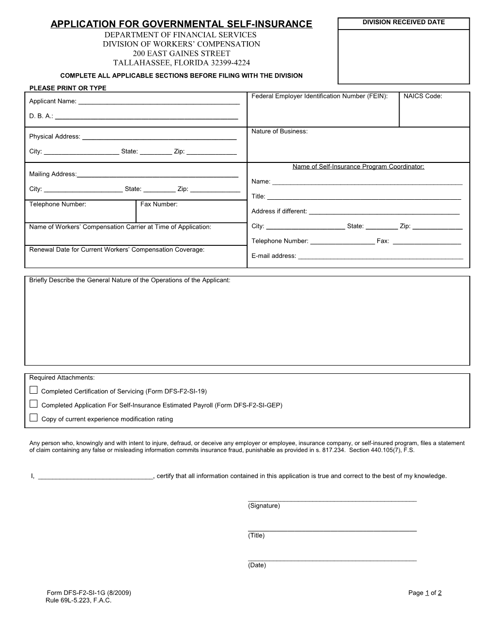 Application for Governmental Self-Insurance