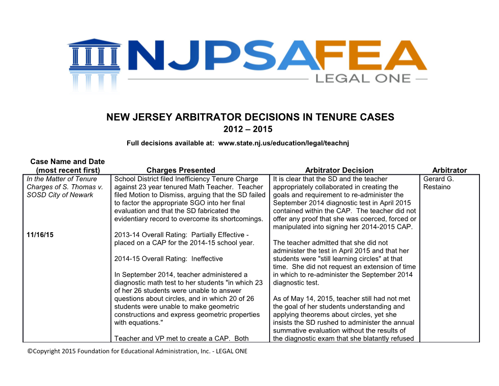 New Jersey Arbitrator Decisions in Tenure Cases 2012 2015
