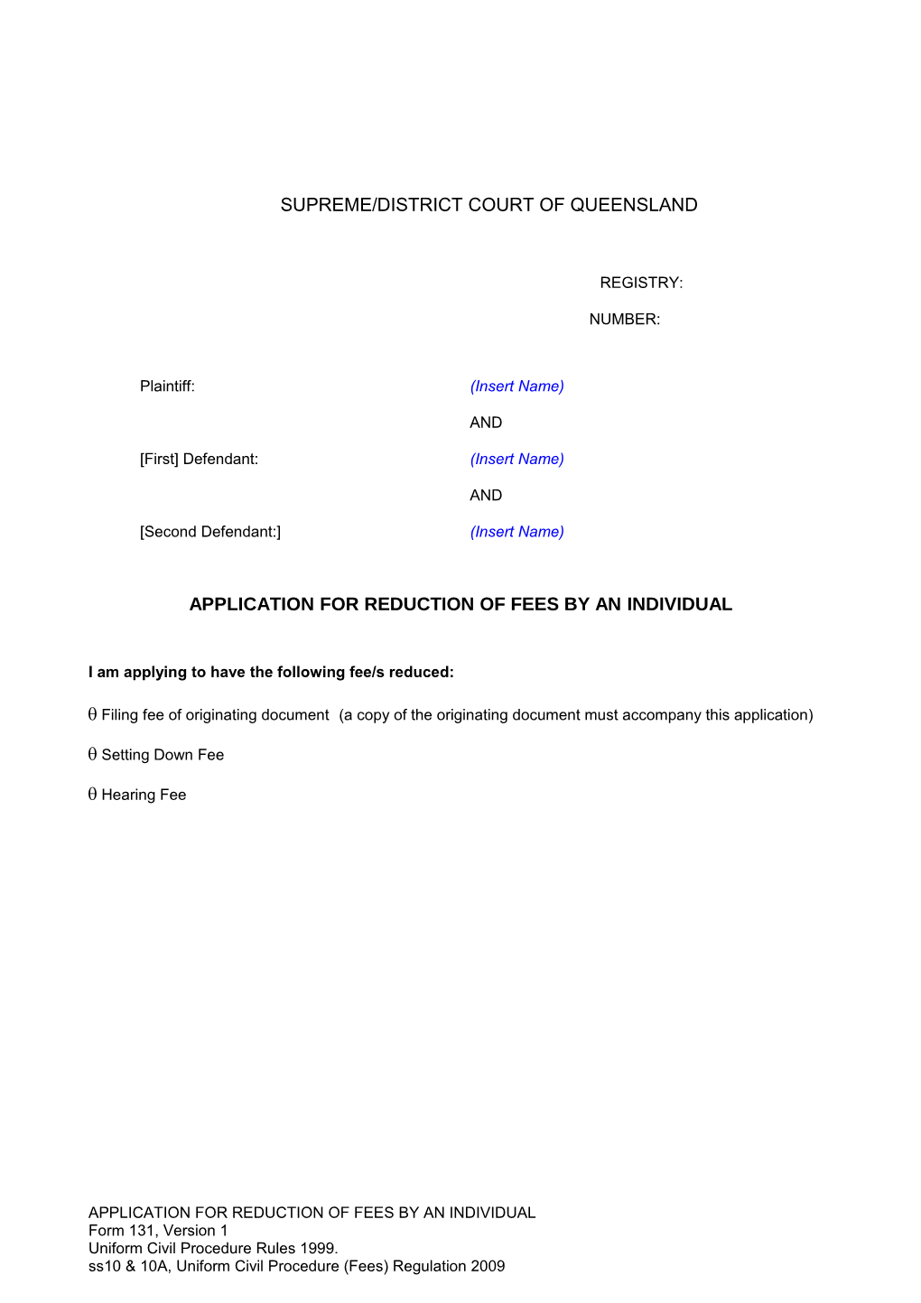 Application for Reduction of Fees by an Individual