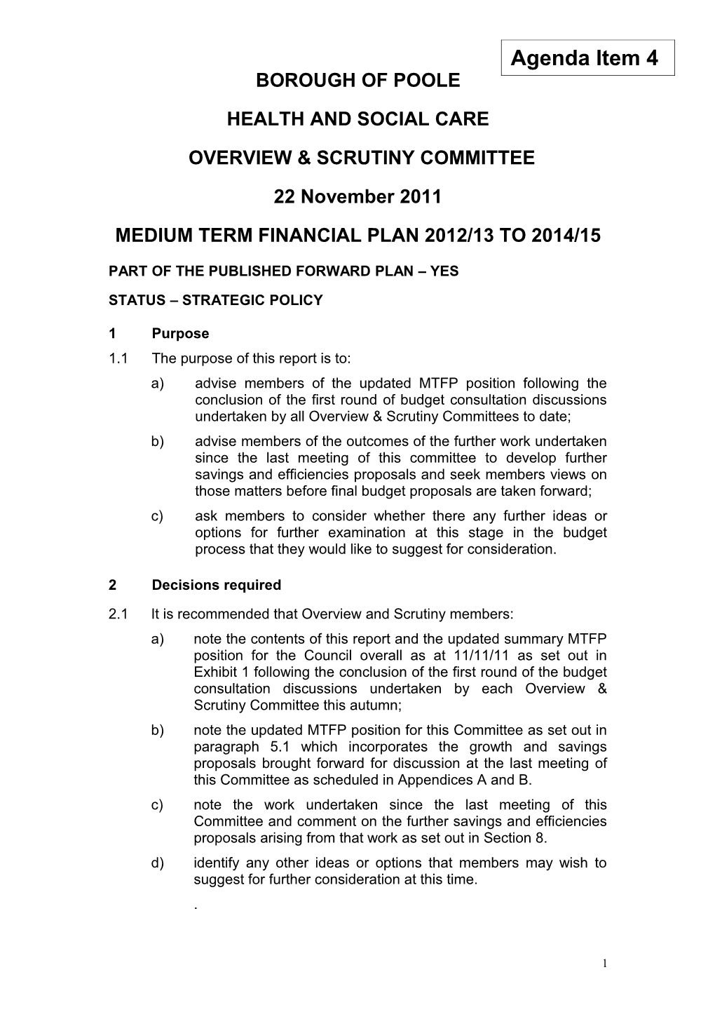 Medium Term Financial Plan 2012/13 to 2014/15