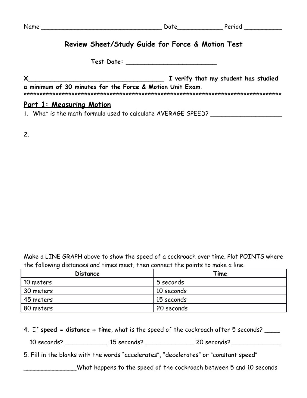 Review Sheet/Study Guide for Force & Motion Test