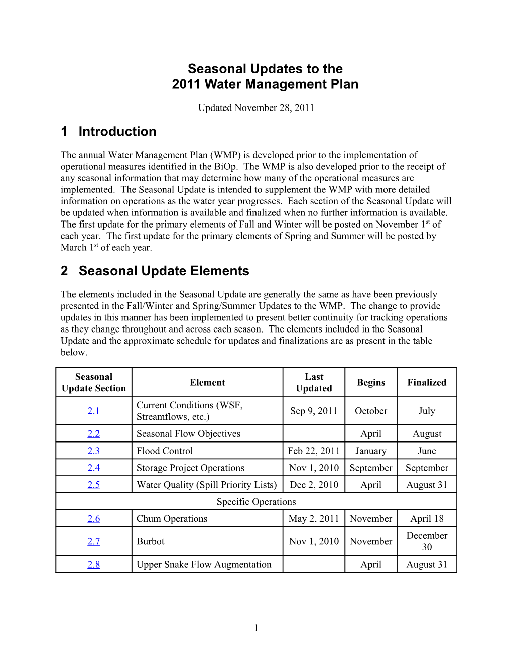 Seasonal Update to the 2010 WMP