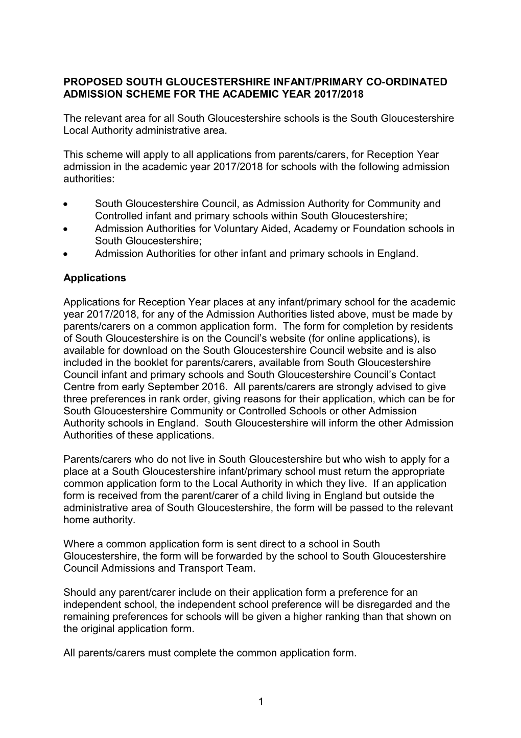 Proposed South Gloucestershire Infant/Primary Co-Ordinated Admission Scheme for the Academic